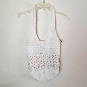 White crochet knit double strap beach bag with wooden beads, vacation bag